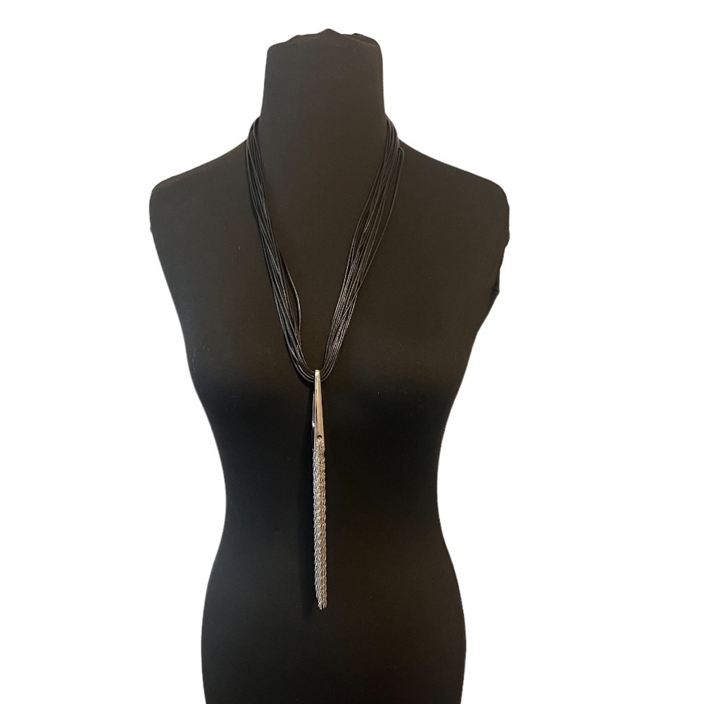 Multiple Black Strain Necklace Long Stainless Steel Tassel pendant Chain Silver